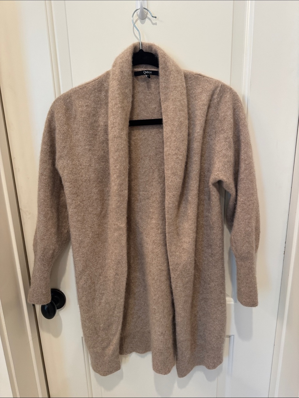 Quince Taupe Open-Front Plush Knit Cardigan cashmere large cozy soft fall staple
